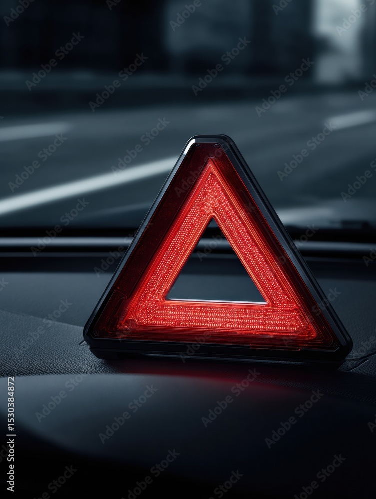 Poster Red Warning Triangle Displayed on Digital Dashboard Indicating Vehicle Alert Status During a Drive in Urban Environment
