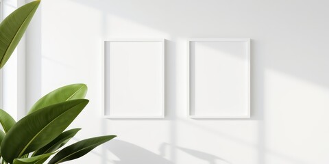 Minimalist white frames hang on a clean wall next to a plant, sunlight gently filtering through a window to create shadows