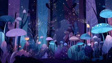 flat illustration of an enchanted forest at night