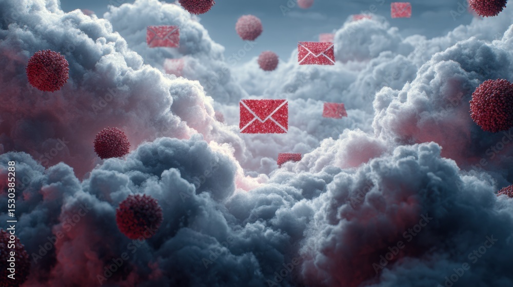Poster phishing email navigates dangerous cyberspace with malware clouds in the background, showcasing the 
