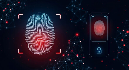 Digital Fingerprint Authentication On Black Background With Red And Blue Glow And Connected Lines