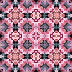 Seamless kaleidoscope floral pattern a symmetrical arrangement of pink roses and soft teal accents creates a mesmerizing and romantic design for fabric, wallpaper, and backgrounds