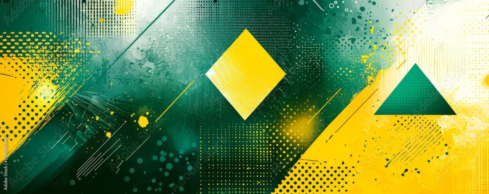 Poster abstract geometric shapes with yellow circle and triangle on green background
