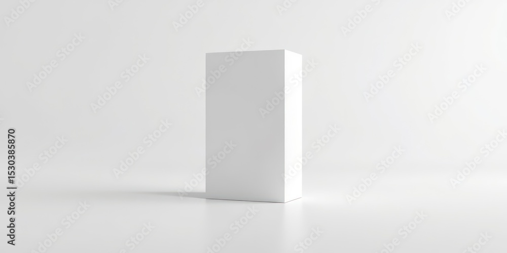 Poster minimalist presentation of a clean white rectangular prism against a soft white backdrop, featuring 