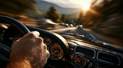 Driving through winding roads at sunset in a vintage car, capturing the thrill of the journey