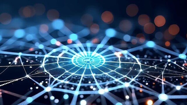 Holographic AI interface with interconnected glowing nodes and geometric patterns on dark background. Represents data exchange, intelligence, and network activity.
