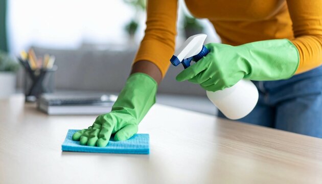 Female cleaner hands in gloves close up, housewife, woman polishing table top with cloths, spray, professional cleaning service working, lady performing home, office duties, tidying up apartment