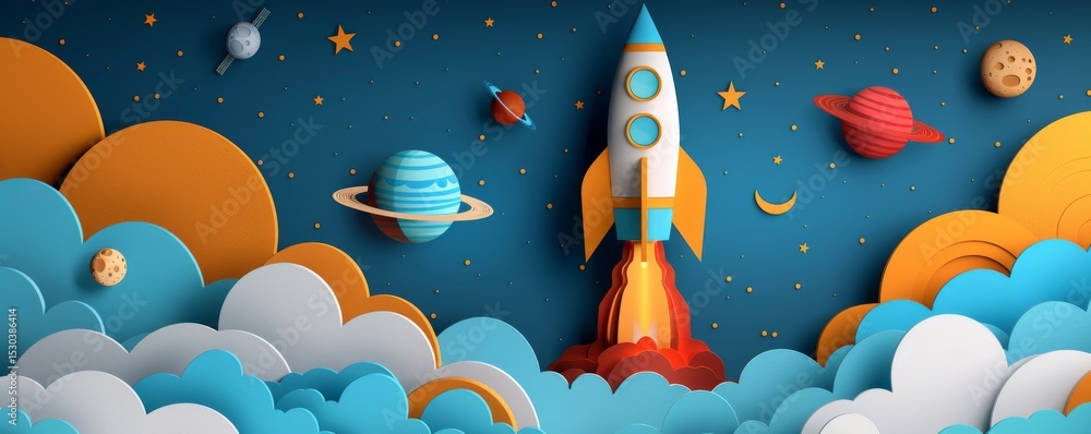 Poster rocket launching into space with colorful planets and clouds in the background