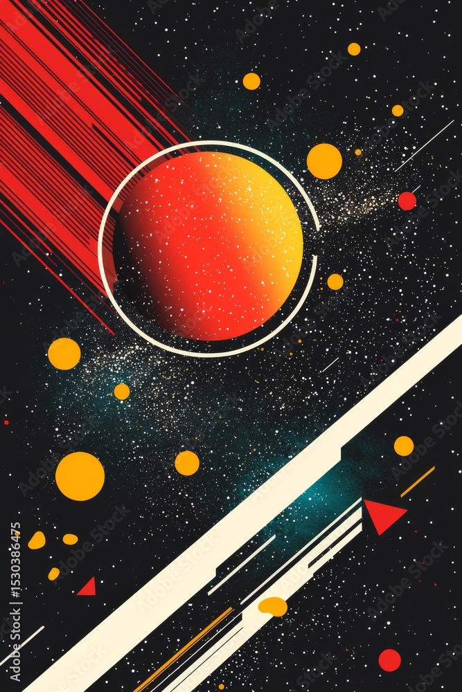 Poster abstract geometric artwork with colorful circles and lines on a dark background
