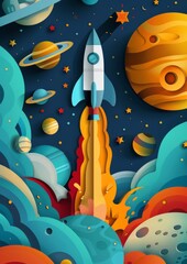 Naklejka premium Colorful rocket ship launching into space illustration with planets and stars