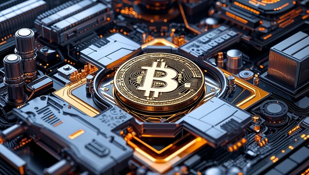 Bitcoin Coin Artwork Displaying Secure Virtual Transactions, Blockchain Network Growth, and Cryptocurrency Expansion