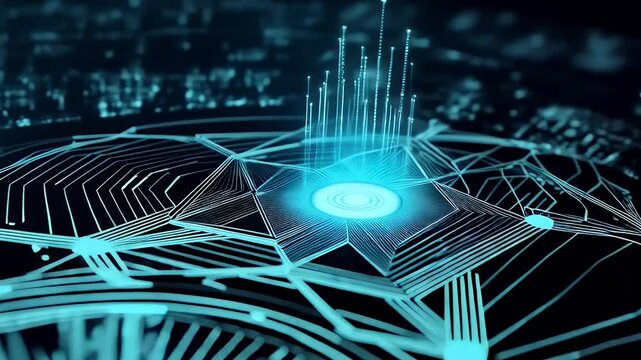 Holographic AI interface with interconnected glowing nodes and geometric patterns on dark background. Represents data exchange, intelligence, and network activity.