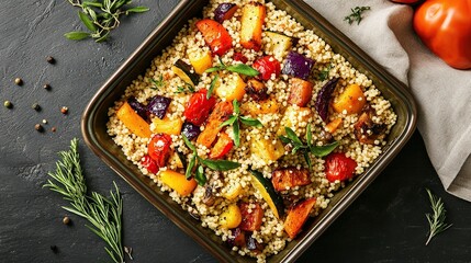 Roasted vegetables and millet in a dark square dish, garnished with herbs, surrounded by peppercorns and rosemary sprigs on a dark surface, with tomatoes and a napkin nearby