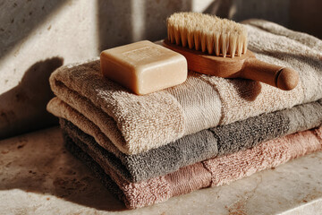 Soap bar and wooden body brush on folded cotton towels. Natural spa essentials. Organic beauty concept