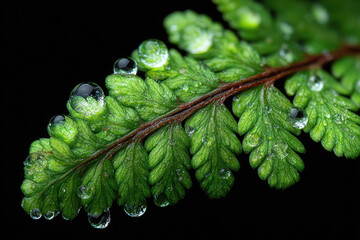 Green fern leaf with transparent water droplets against black background. Macro shot of plant with dew drops
