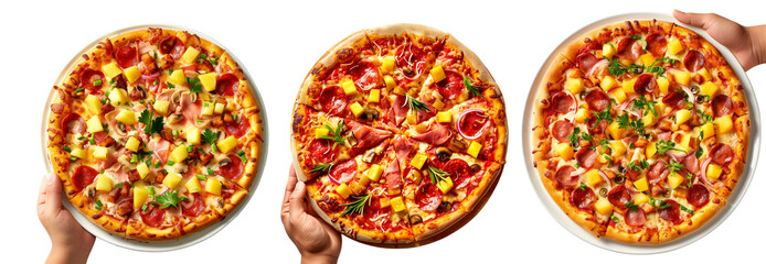 Hand holding Hawaiian pizza isolated on white transparent background. Concept of fast food and homemade pizza