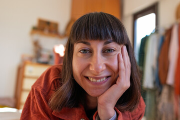portrait of a happy girl. young girl resting at home.