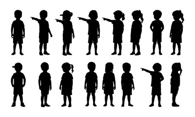 Kids Silhouettes Set with Diverse Poses &ndash; Children Pointing, Standing, and Playing Vector Collection