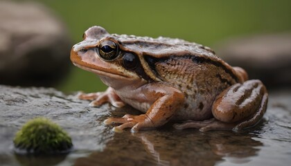 Obraz premium closeup of a northern red-legged frog on a rock