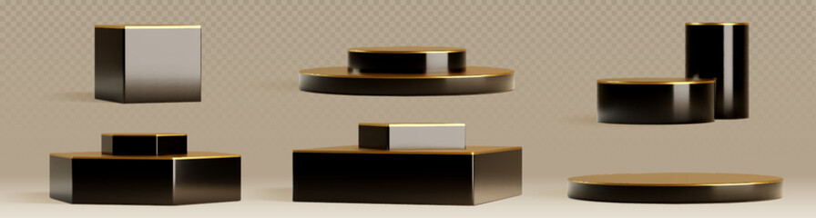 Podium pedestals set - black bases with gold tops and trim. Glossy geometric shapes in various shapes - rectangular and hexagonal platform for awards ceremony stage or upscale retail product display.