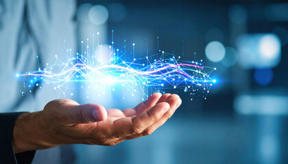 Human hand cradles vibrant, translucent hologram of interconnected data streams, symbolizing fusion of technology and creativity. scene evokes sense of wonder and innovation
