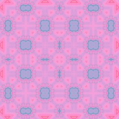 Seamless kaleidoscope floral pattern pink and blue symmetrical floral design with geometric shapes, creating a vibrant and intricate pattern design for fabric, wallpaper, and backgrounds