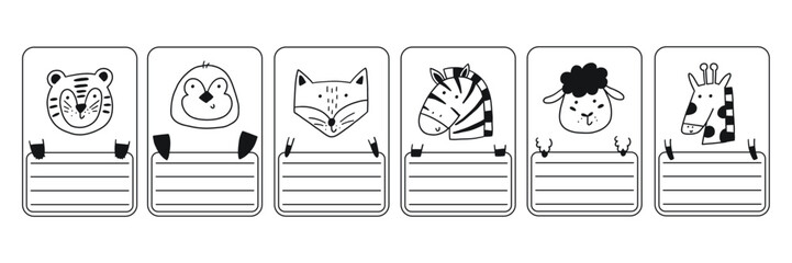 Cute school name tag animals sketch. Animal doodle character label card frame collection. Hand drawn vector illustration
