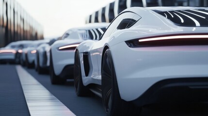 Obraz premium Modern white electric sedan parked on road. Fleet of sleek, luxury EVs displayed in urban setting. 