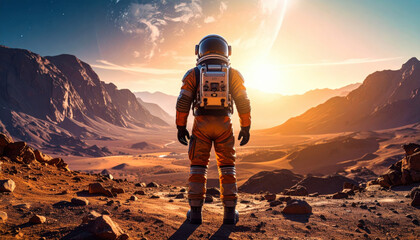 Lone figure sleek spacesuit stands against breathtaking alien landscape, with vibrant sunset illuminating rocky terrain and distant mountains. vastness of space looms above, creating sense