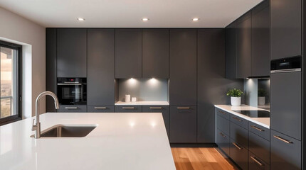 A modern kitchen with dark cabinets white countertops and a stainless steel sink and faucet fixture