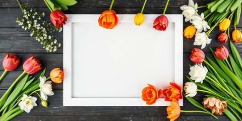 Blank white picture frame bordered by fresh flowers on a dark wood surface creates an inviting canvas