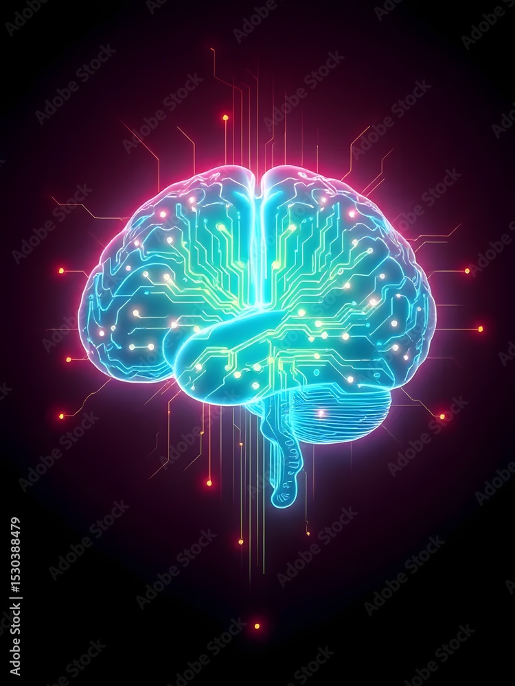 Poster futuristic digital brain with circuit board design depicting artificial intelligence and technology