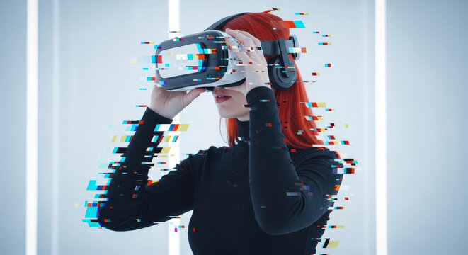 Woman with Red Hair Wearing Virtual Reality Headset with Digital Pixelated Glitch Effect against White Background - Powered by Adobe