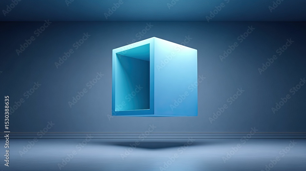 Wall mural blue open-ended cube floats in a stark room, casting a subtle shadow