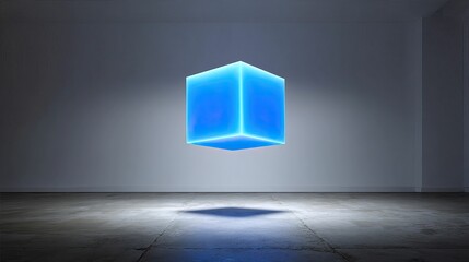 Floating blue cube casts a shadow in a gray concrete room, softly lit