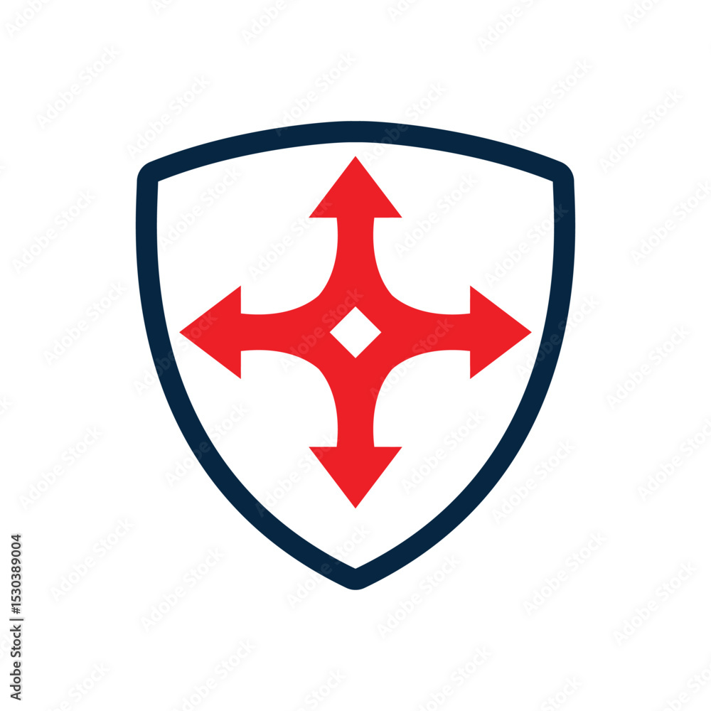 Aufkleber the image shows a flat logo design of shield with four arrows facing up down left and right in blue 