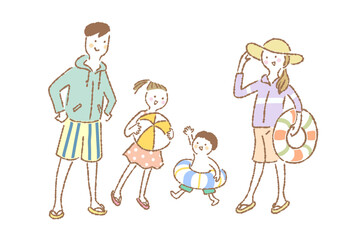 海やプールを楽しむ水着姿の4人家族のイラスト