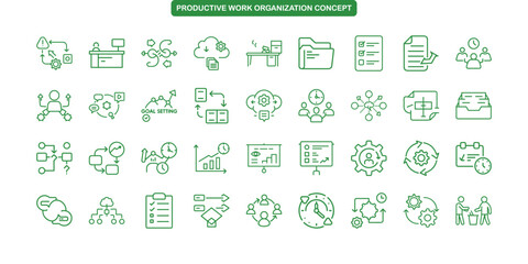 Productive Work Organization Icons in Minimal Line Style