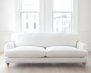 White couch is sitting in a room with two windows