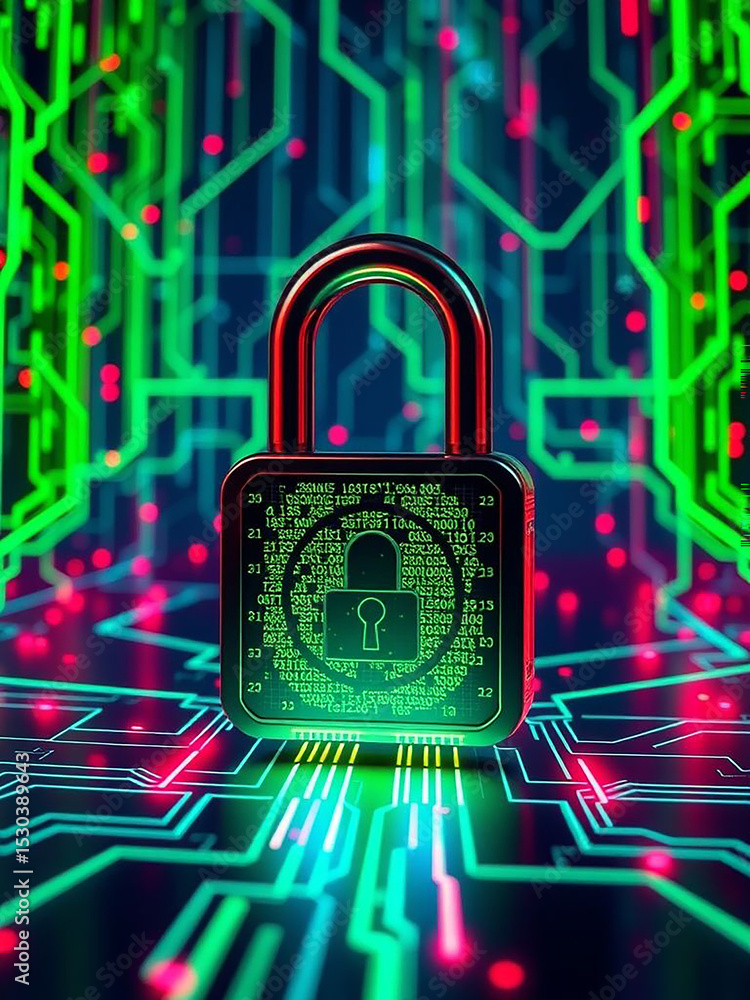 Poster cyber security illustration with a padlock on a circuit board representing data protection