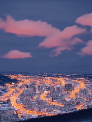 City lights at twilight, winter wonderland