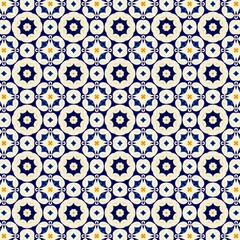 Seamless kaleidoscope floral pattern intricate arrangement of blue and yellow floral motifs on a...