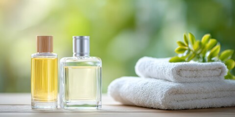 Two glass bottles with liquids and a stack of white towels topped with a small green plant on a wooden surface against a blurred natural background.
