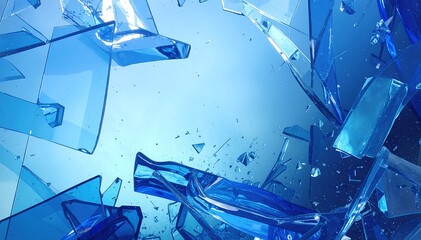 A scattered collection of sharp, jagged glass shards glistens in the light, reflecting various colors and creating a striking yet hazardous scene.