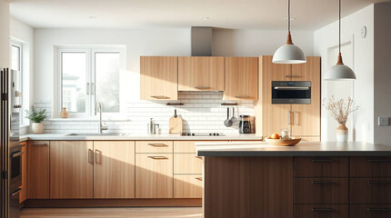 A modern kitchen with light wood cabinets and a dark wood island with pendant lights above it