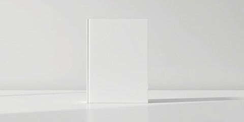 Blank, Unlabeled Book Standing Upright on a White Table with a Blurred White Background Provides a Minimalist Aesthetic