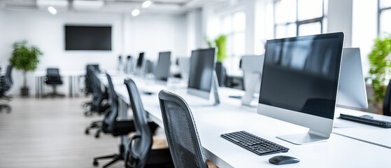 Row of computers on desks with rolling chairs in a modern office space
