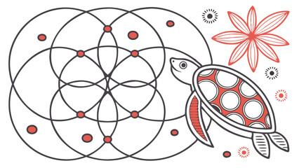 Abstract Artistic Turtle Illustration With Geometric Circle Patterns, Dots, And Red Flower Decorative Elements