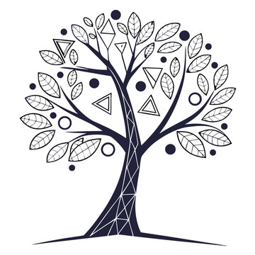 Modern Abstract Tree Illustration With Geometric Patterns, Circles, And Triangles In Minimal Black And White Design