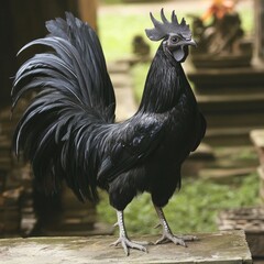 Black rooster, full body shot, standing on stone.  Mature bird with a full, glossy black plumage.  Ornate crest atop its head.  Outdoors, garden setting, blurred background of stonework and foliage